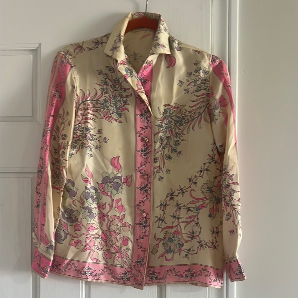 Emilio Pucci Pink and Cream Floral Blouse. Vintage. A few stains. Needs Woolite
